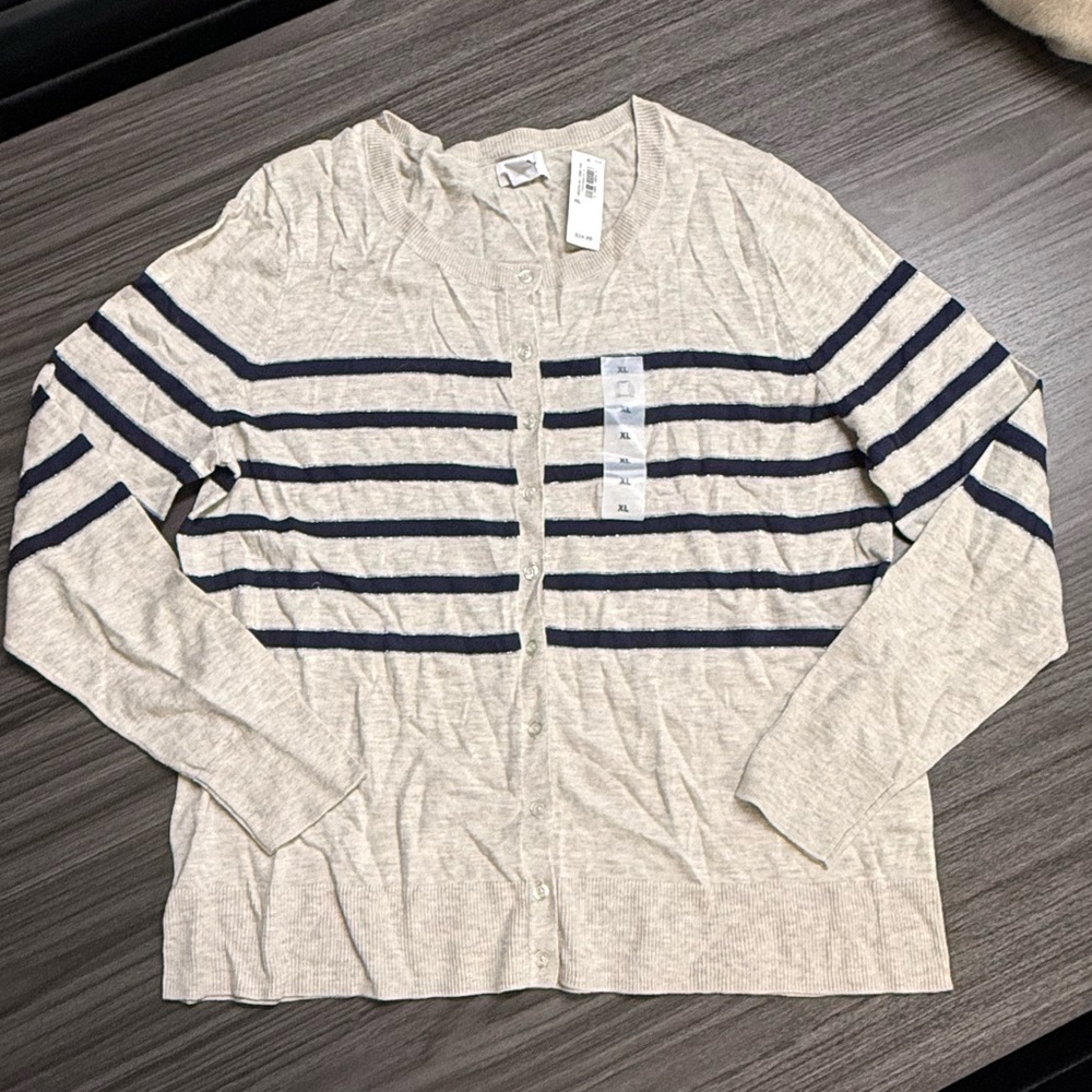 Women’s Old Navy Striped Button-Front Sweater Cardigan - Beige & Navy